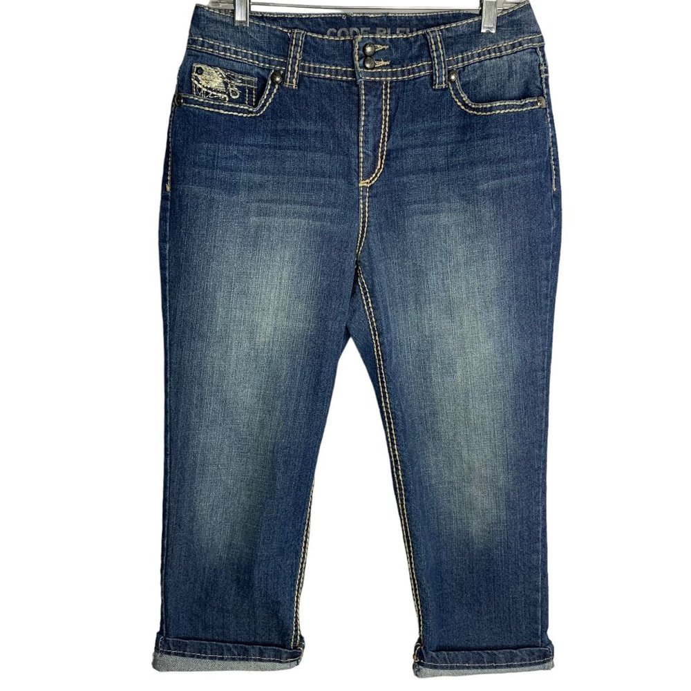Code Bleu Annette Capri Denim Jeans 8 Med Wash Embroidered Mid Rise Button Zip